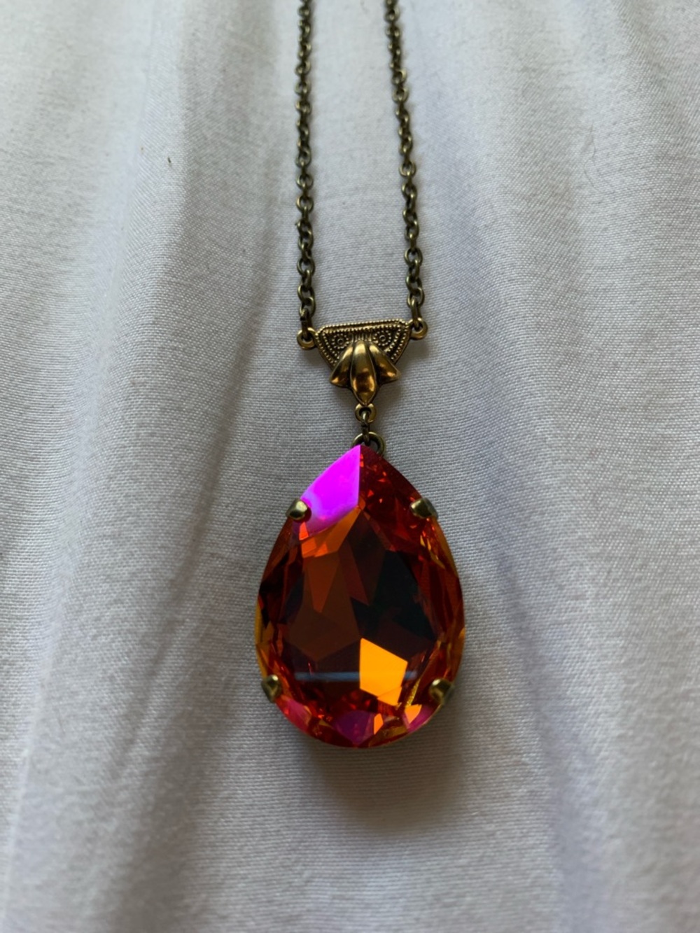 Teardrop Crystal Pendant Necklace - Iridescent Orange Pink